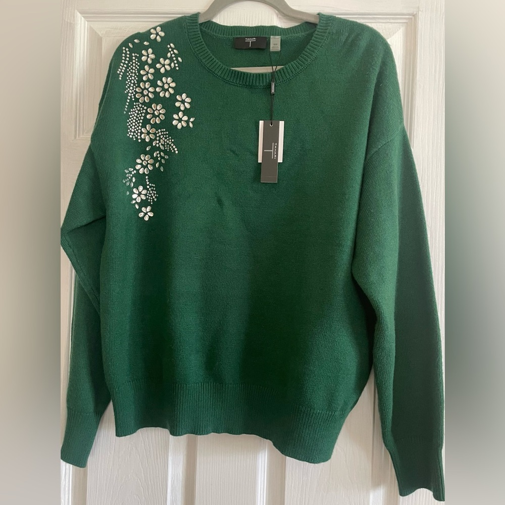 Tahari Sweater with Crystals Floral Embellished knit
